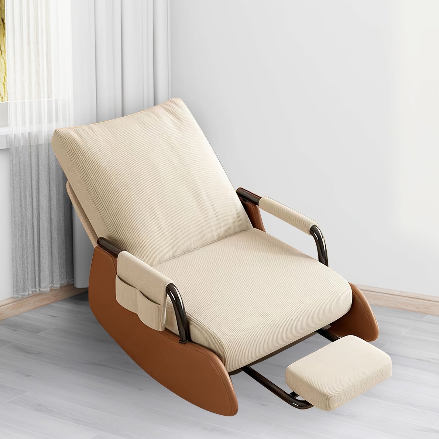 Schommelstoel – Relaxstoel – Loungechair – Fauteuil – Schommelfauteuil – Beige Bruin – Uitschuifbare Voetensteun – Ergonomisch Comfort – Duurzaam MDF Hardhout Metaal