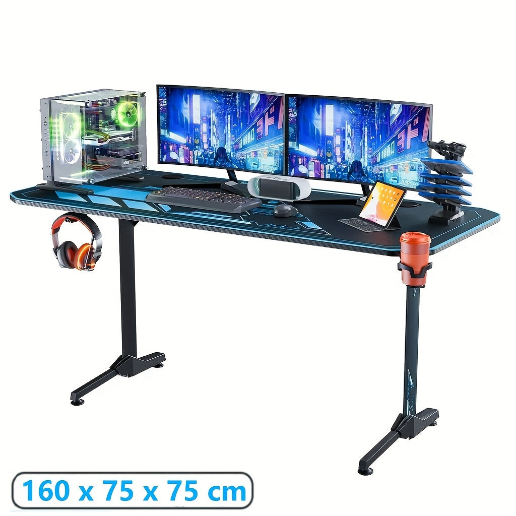 Gaming Bureau – Gamer Bureau – Computerbureau – Bureau Voor Thuiswerken – Studiebureau – Extra Ruim 160x75x75 cm – Inclusief Volledige Muismat & Bekerhouder Zwart Blauw