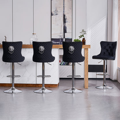 Modern Bar Stools Set Of 2, Swivel Velvet Adjustable Stools with Lion Head Pull Ring, Upholstered Kitchen Chairs with Ergonomic Backrests & Nailhead Trims, Suitable for Kitchen Island, Dining Room & Bar