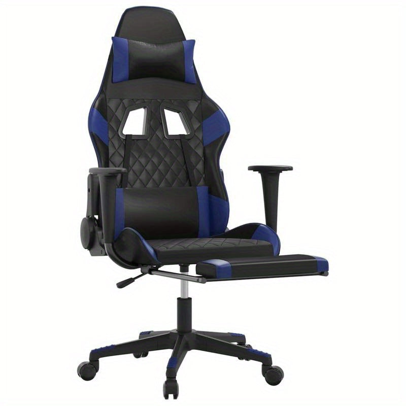 Gaming chair with footrest, black and blue faux leather for gaming PC