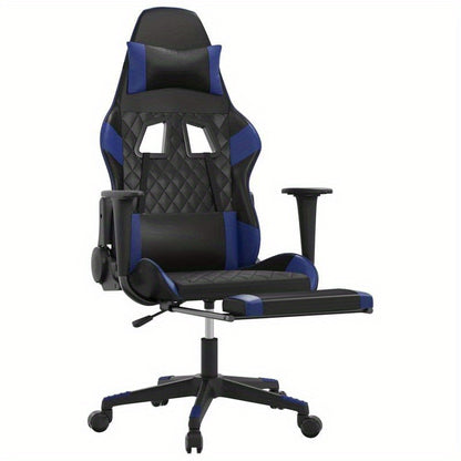 Gaming chair with footrest, black and blue faux leather for gaming PC