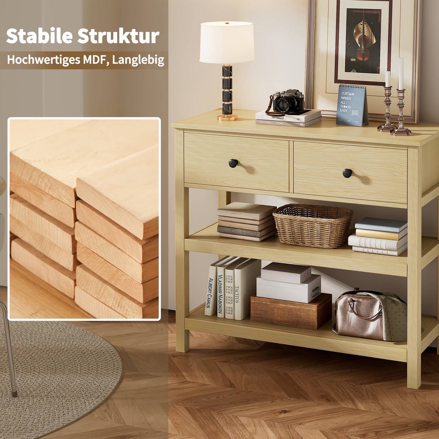 Sidetable – Consoletafel – Haltafel – Wandtafel – Bijzettafel – Natuurlijk Bamboe – Smal Design met 2 Lades en Open Planken – Duurzaam & Eenvoudig te Monteren