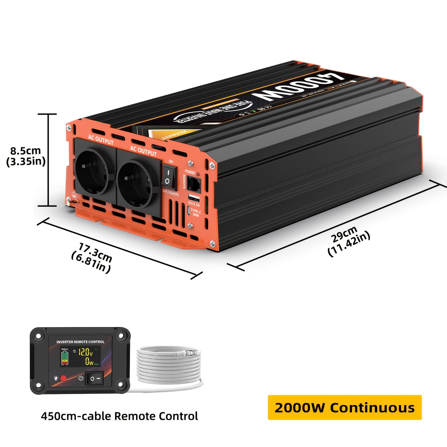 Peak Power 4000W Heavy-Duty Car Power Inverter with LCD Display, Continuous 2000W Output, AC Outlets (European Schuko), 2 USB Ports & Type-C, Remote Controller - for RV, Truck, Solar, Boat, Home Backup - Compatible with 12V/2