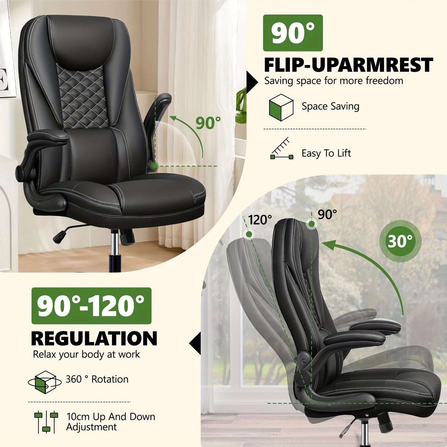 KERDOM Heavy Duty Executive Office Chair - Extra Wide Big and Tall Computer Desk Chair with Ergonomic High Back Support, Height-Adjustable, 135° Tilt & Rocker Mechanism, Lumbar Cushion, Flip-Up Arms, Heavy Duty 150kg/330lbs