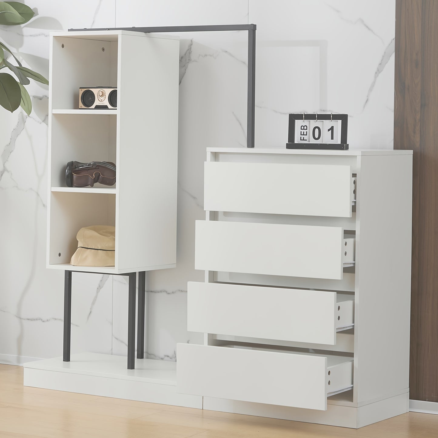 Modern White Metal Chest of Drawers & Wardrobe Set - Freestanding 5-Drawer Dresser with Hanger Rod, Heavy-Duty Non-Wood, Space-Saving Furniture for Small Spaces, Easy Assembly (No Wood Parts), 140x40x135cm)