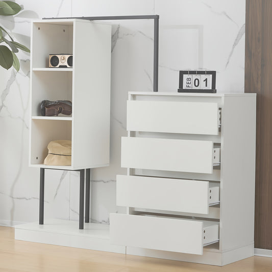 Modern White Metal Chest of Drawers & Wardrobe Set - Freestanding 5-Drawer Dresser with Hanger Rod, Heavy-Duty Non-Wood, Space-Saving Furniture for Small Spaces, Easy Assembly (No Wood Parts), 140x40x135cm)