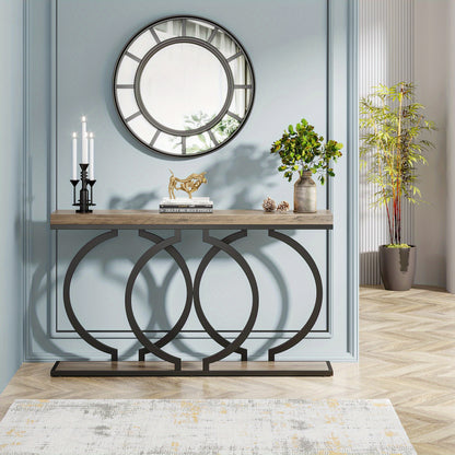 139.7 cm Rustic Industrial Console Table - Engineered Wood & Geometric Metal Frame, Oak Grey Finish, Sturdy 99.79KG Capacity, Easy Assembly for Entryway, Living Room, Hallway, Console Table Decor for Entryway, Hallway Storage