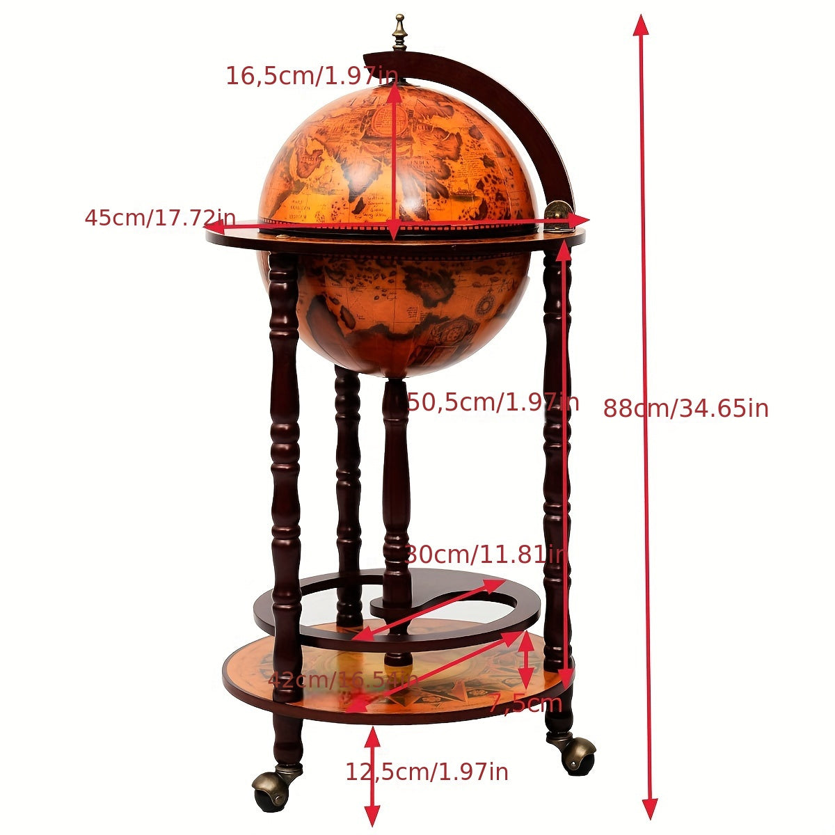 Barwagen – Serveerwagen – Drankwagen – Wijnrek – Mobiele Bar – Uniek Globe Design – Stevig Eucalyptus Hout – Compact & Mobiel