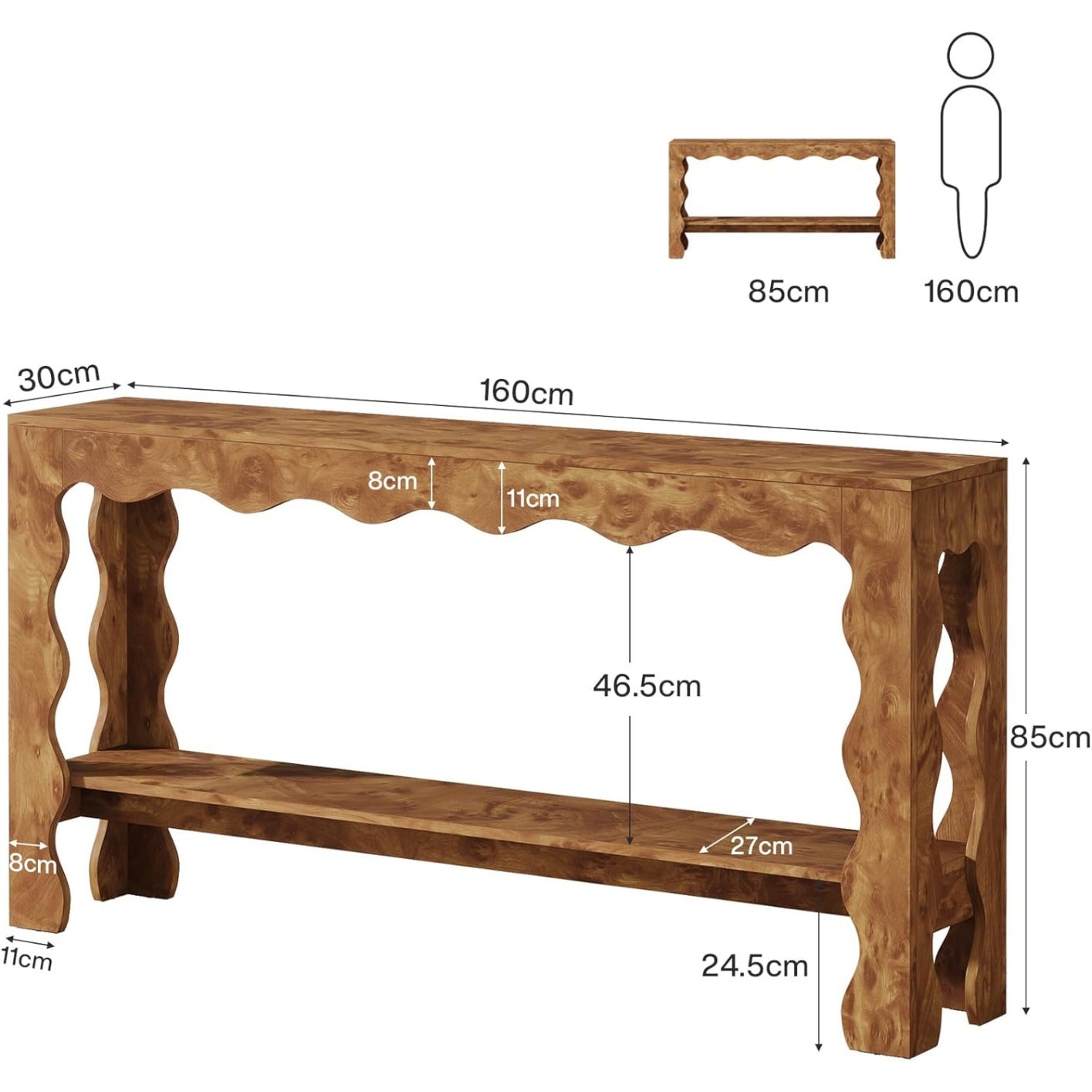 Console Tafel – Sidetable – Haltafel – Opbergmeubel – Banktafel – Lichtbruin – Smal en Lang – 2-laags Opbergruimte