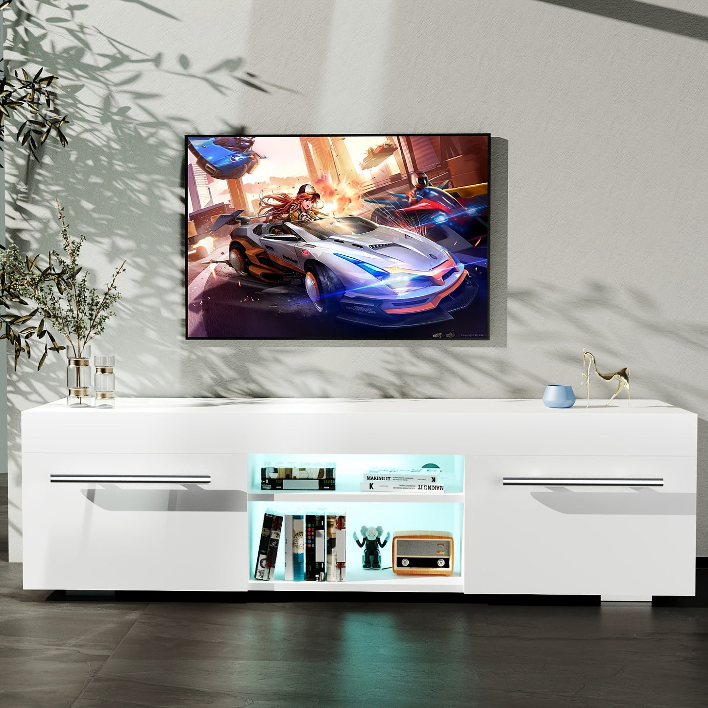 TV-kast – Tv-meubel – Mediameubel – Tv-dressoir – Entertainmentmeubel – Modern Wit Hoogglans – LED Sfeerverlichting – Ruime Opbergruimte – 130 cm – USB-aansluiting