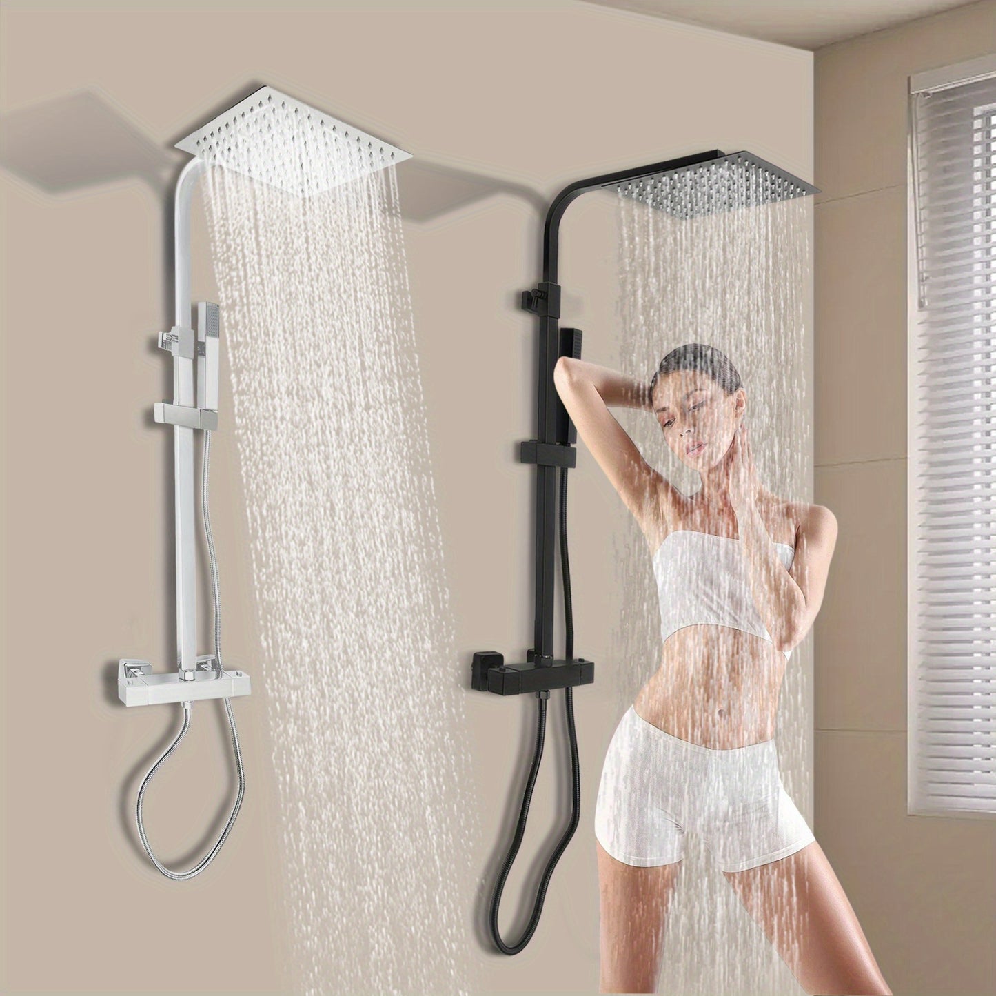 Thermostatische Regendouche – Regendouche Set – Douchekop – Handdouche – Douche Systeem – Mat Zwart – 25x25 cm – Verstelbare Hoogte