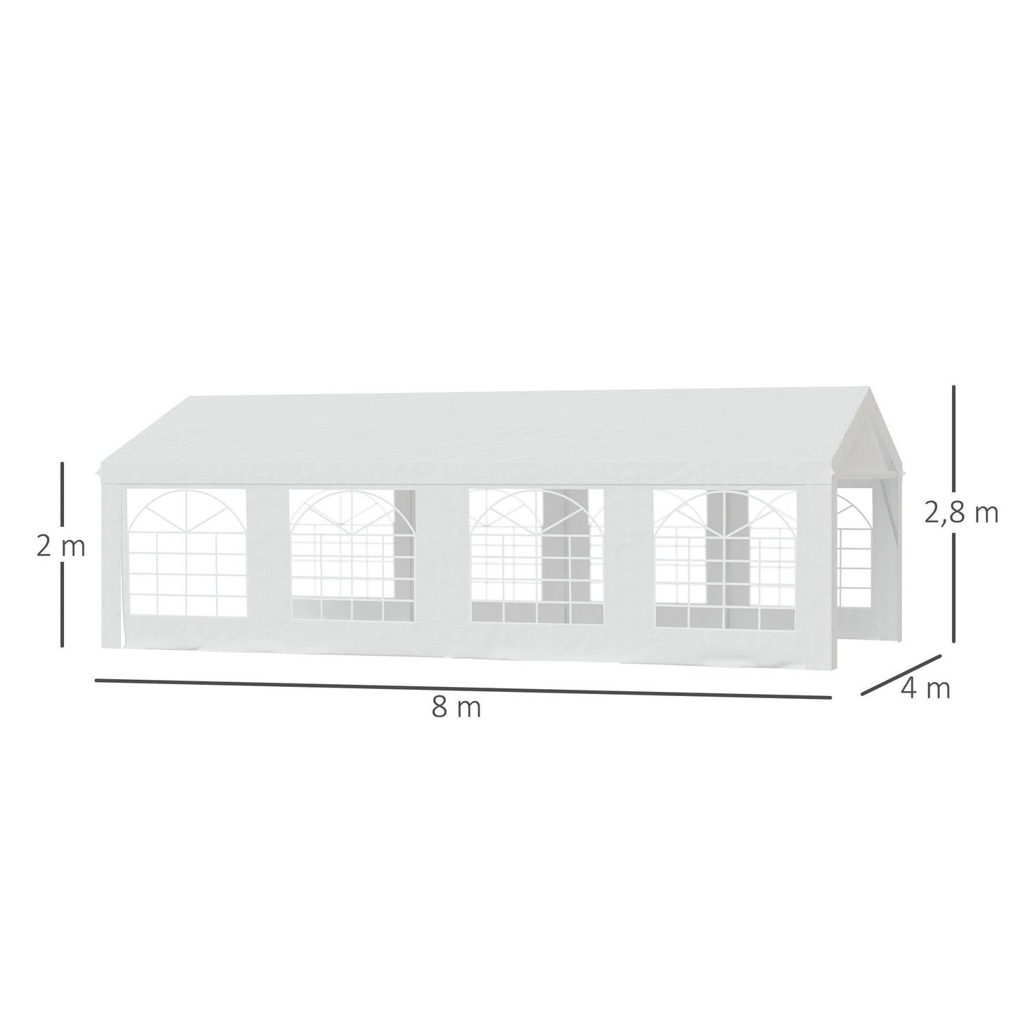 Partytent – Barnum – Tuinent – Tent – Markttent – 8x4 Meter Groot – Gegalvaniseerd Stalen Frame – UV-Bestendig Polyethyleen – Wit – 8 Ramen – Afneembare Zijwanden