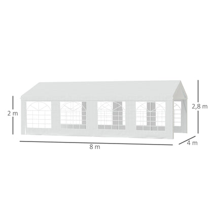 Partytent – Barnum – Tuinent – Tent – Markttent – 8x4 Meter Groot – Gegalvaniseerd Stalen Frame – UV-Bestendig Polyethyleen – Wit – 8 Ramen – Afneembare Zijwanden