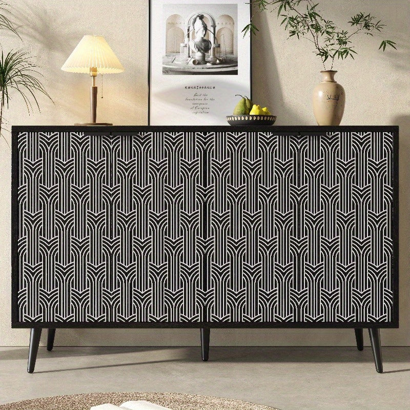 Zwart Metalen Opbergkast – Staande Kast – Dressoir – Kledingkast – Opbermeubel – 120x35x78 cm – Herringbone Deurdesign – Stevige Duurzame Constructie
