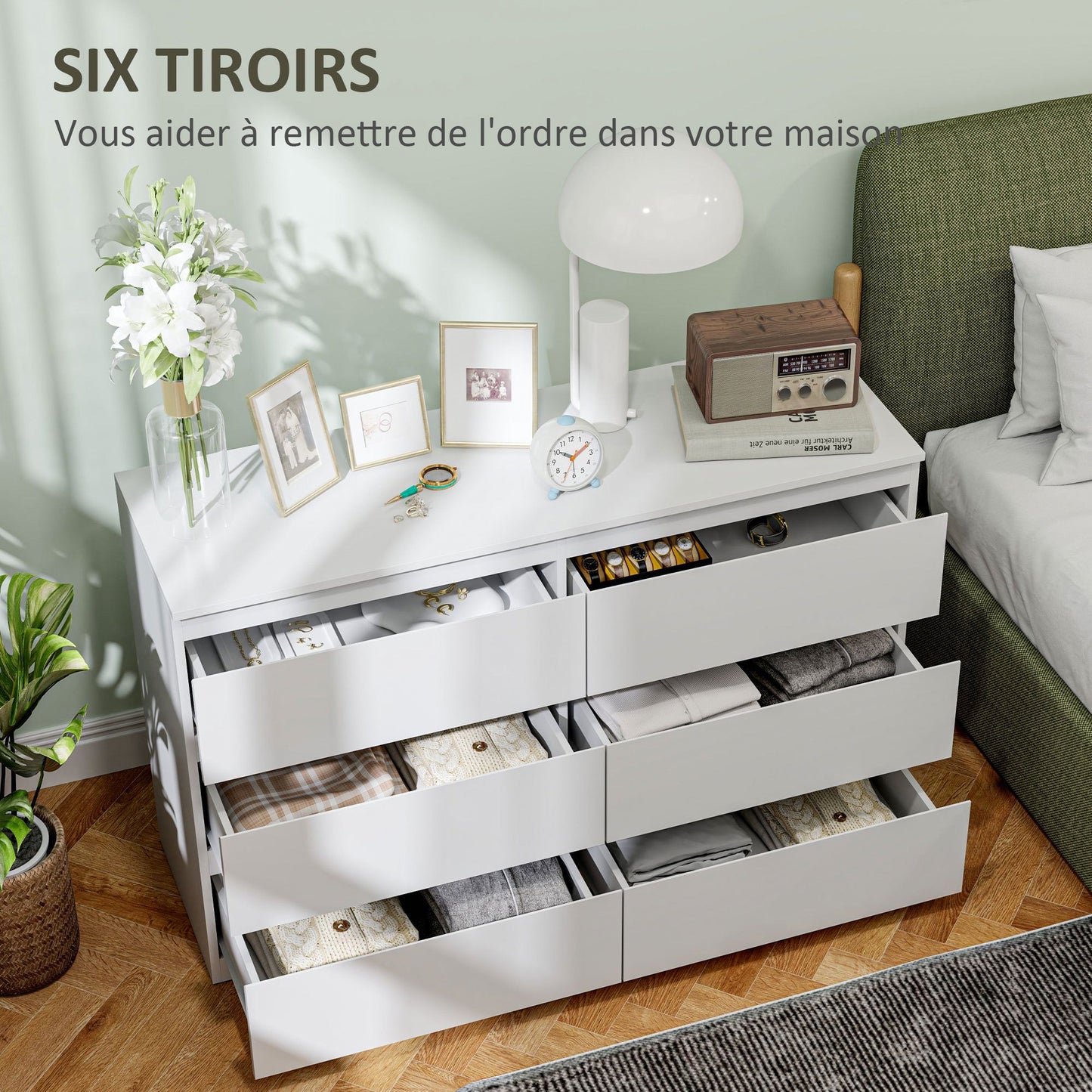 Ladekast – Dressoir – Kast – Commode – Opbergmeubel – 6 Lades – Softclose – Wit – 120 x 39 x 75 cm – Houten Materialen