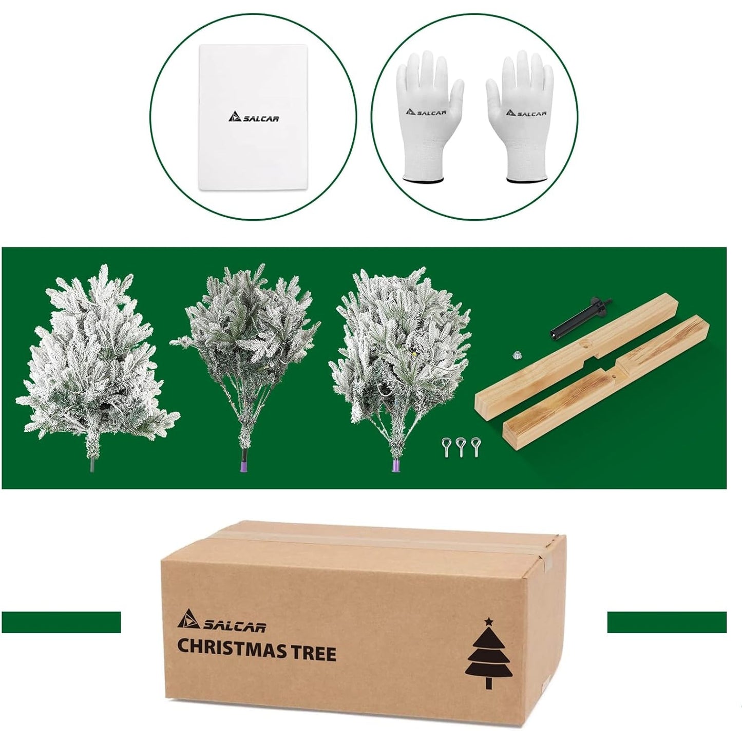 SALCAR Artificial Christmas Tree With, Snow Artificial Fir Tree, Gloves, Wooden Stand