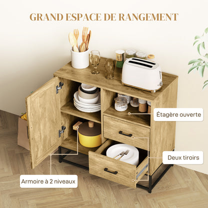 Buffetkast – Dressoir – Opbergkast – Keukenkast – Eetkamerkast – Natuurlijk Hout – 80 x 40 x 78 cm – Verstelbare Plank en 2 Lades
