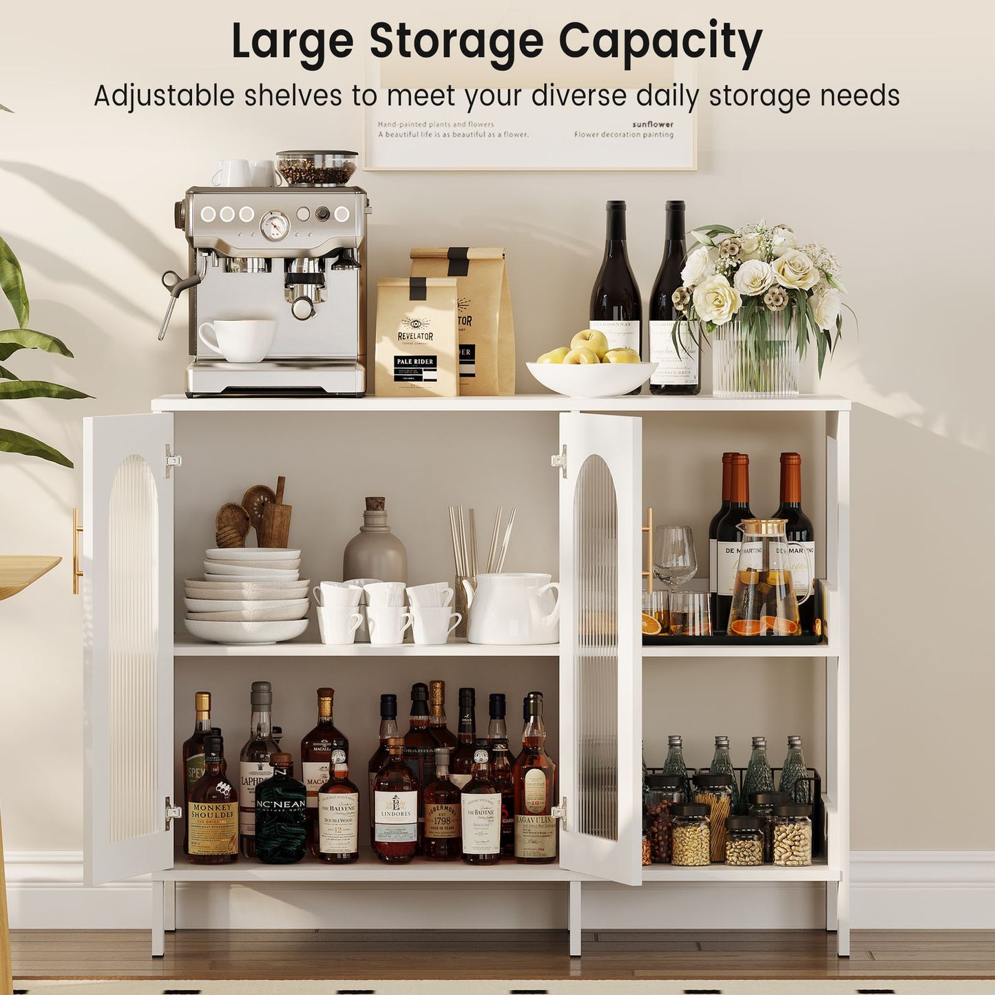 Moderne Sideboard Kast – Opbergkast – Buffetkast – Dressoir – Accentkast – Wit – Hardhout en Metaal – Compact & Stevig