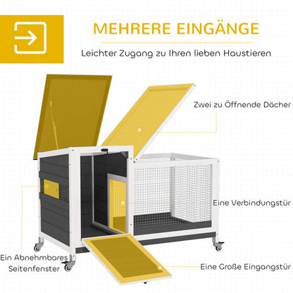 Houten Konijnenhok – Konijnenkooi – Knaagdierhok – Buitenhok – Renhok – Met Wieltjes – Opvouwbaar Dak – 92 x 52 x 67 cm – Geschikt Voor Binnen En Buiten