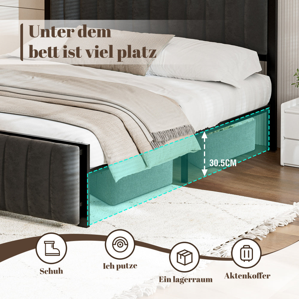 Bedframe – Tweepersoonsbed – Opbergbed – Gestoffeerd Bed – Slaapbank – Donkergrijs Fluwelen Bekleding – Inklapbare Zitbank – Hardhouten & IJzeren Frame – 140x200 cm