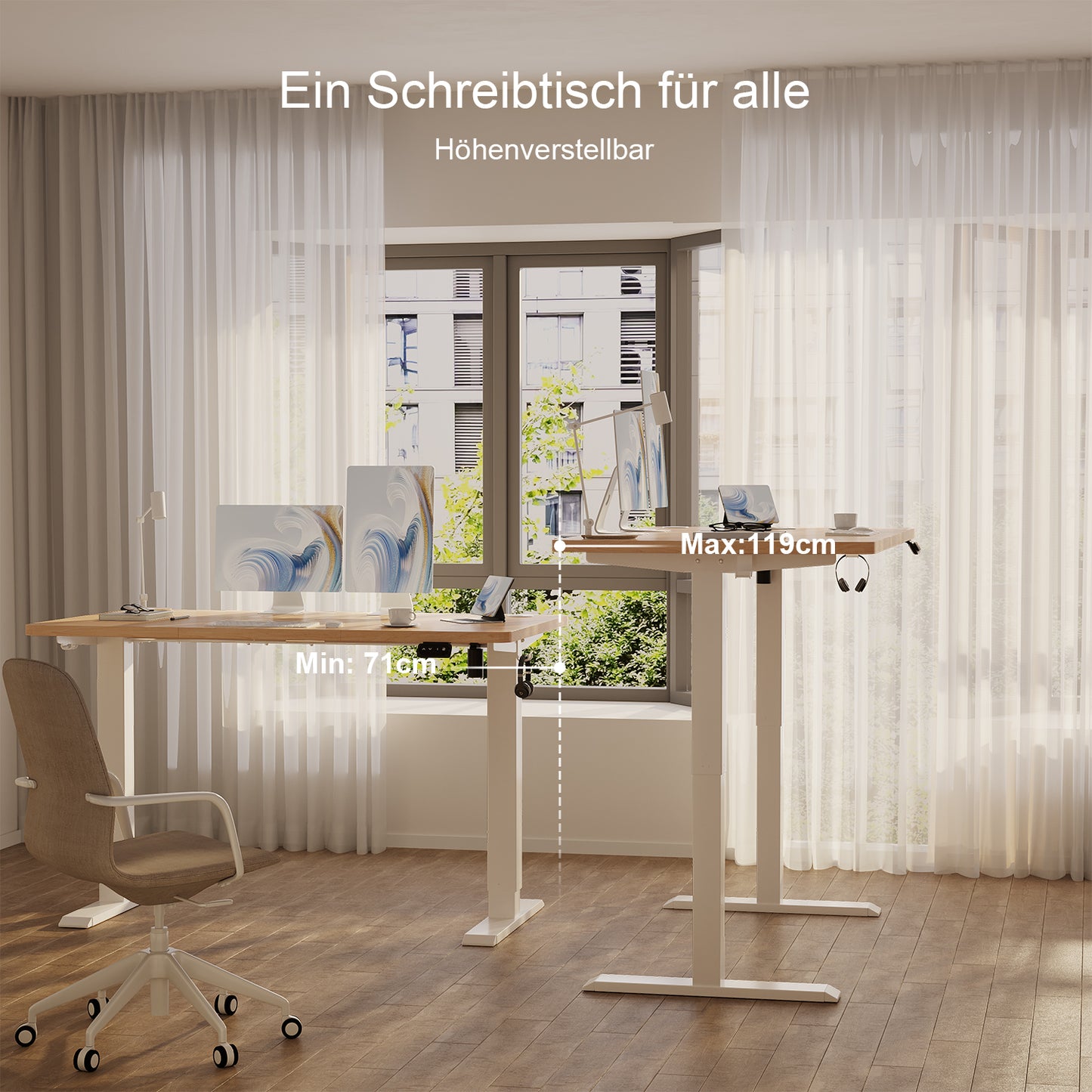 Ergonomisch Zit-Sta Bureau – Verstelbaar Bureau – Sta Bureau – Thuiswerk Bureau – Computerbureau – Handmatig Verstelbaar – Stabiel Stalen Frame – 140x60 cm Champagne