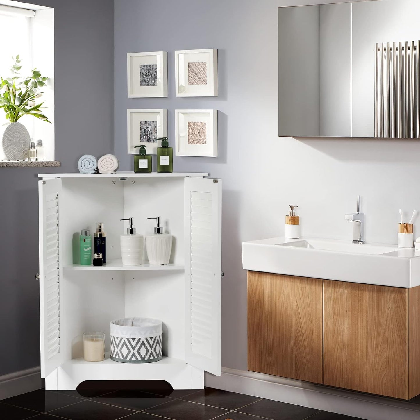 Hoekkast – Opbergkast – Badkamerkast – Kast Voor Hal – Woonkamerkast – Verstelbare Plank – Compact MDF Wit – Ruimtebesparend Design
