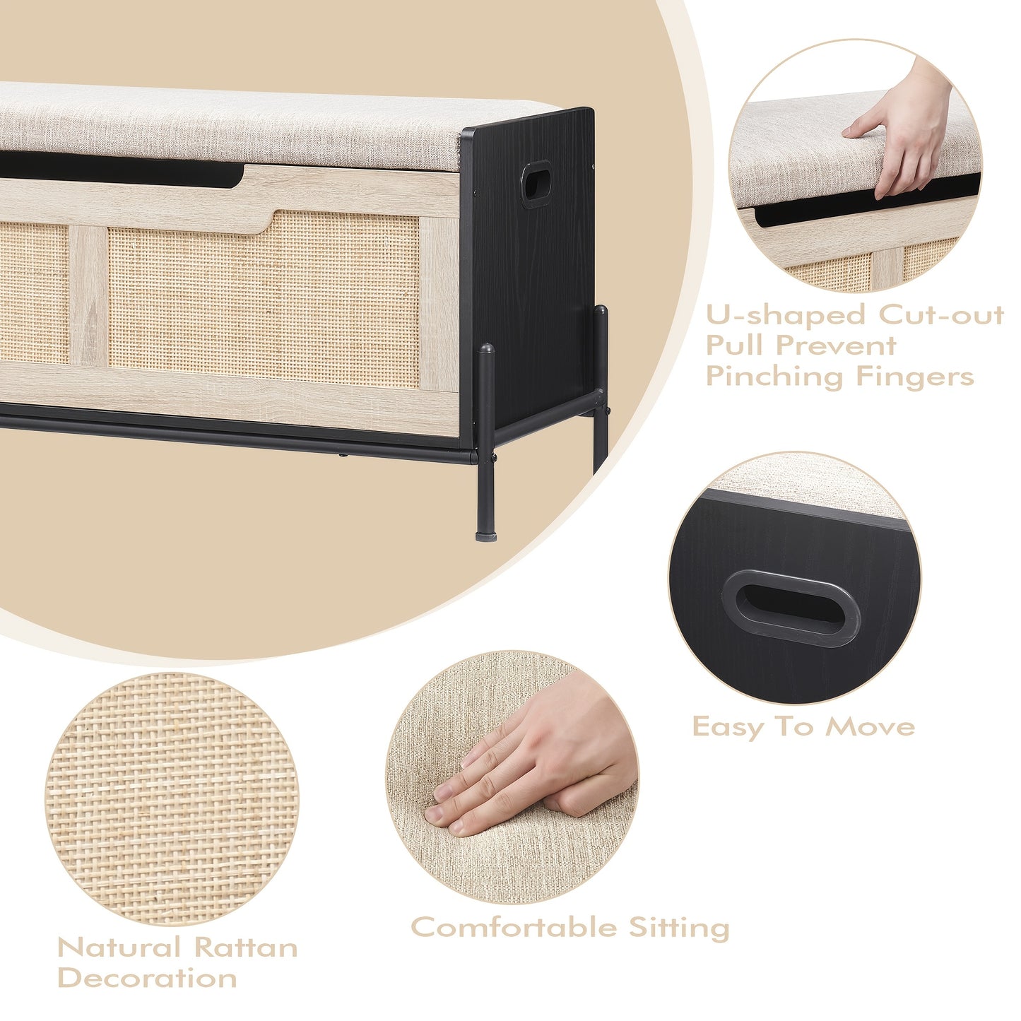 Schoenenbank – Schoenenkast – Opbergbank – Zitbank – Opbergkist – Extra breed – Veiligheidscharnieren – Draagkracht 99,79 kg – Zwart metalen rattan-look