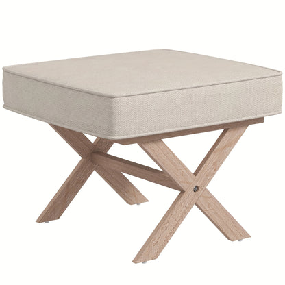 Poef – Kruk – Voetenbankje – Hocker – Zitzak – Gestoffeerd Linnen Look – Houten Onderstel – Anti-slip Mat – Licht Beige