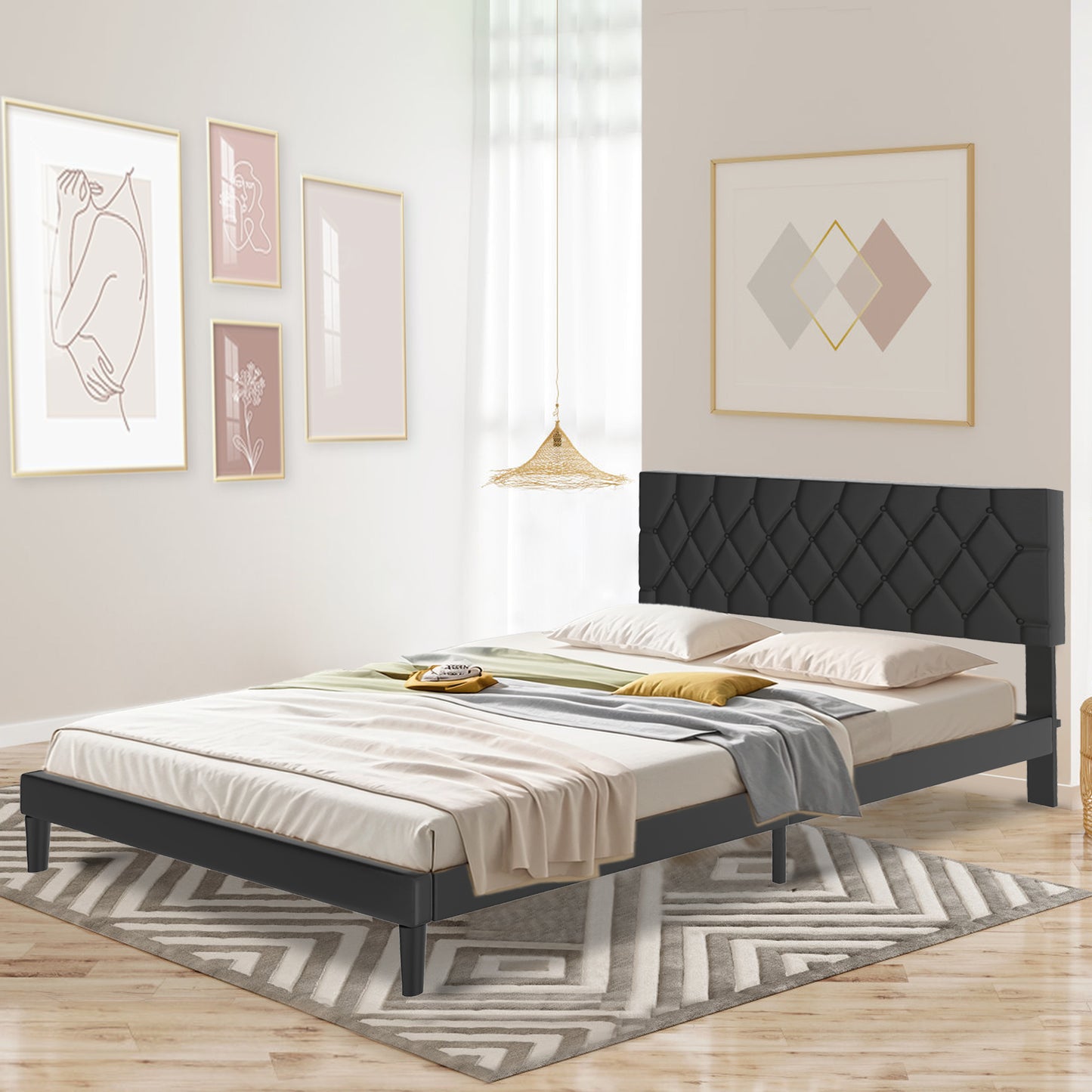 Modern Upholstered Bed: 90/140/160x200 cm with Soft Fabric, Sleek Minimalist Style, and 300kg Load Capacity in Black/Beige Leather style