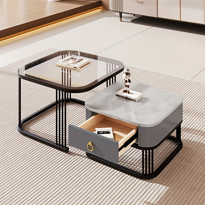 Salontafel – Woonkamertafel – Koffietafel – Bijzettafel – Middentafel – Uitbreidbaar – Marmerlook Glasblad – Zwart Metalen Frame – Verborgen Opberglades – Duurzaam & Makkelijk Schoon Te Maken