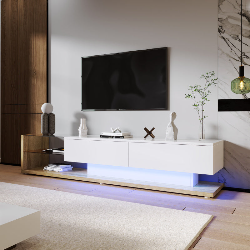Tv meubel – TV-kast – Media meubel – Entertainmentmeubel – Dressoir – Hoogglans wit & houtlook – 2 lades en open planken