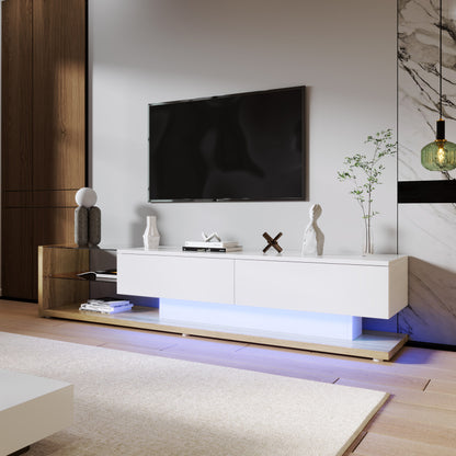 Tv meubel – TV-kast – Media meubel – Entertainmentmeubel – Dressoir – Hoogglans wit & houtlook – 2 lades en open planken