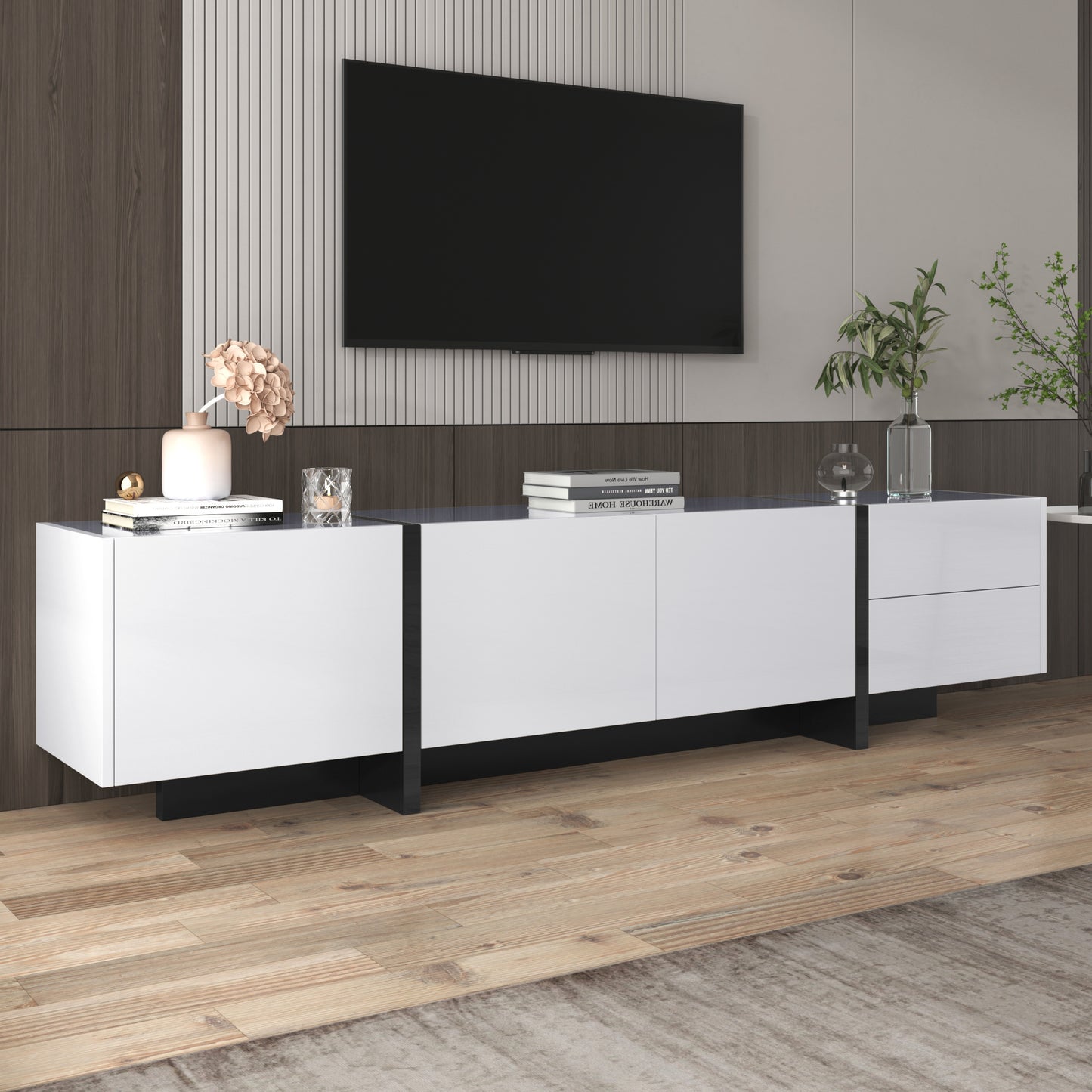 Tv-meubel – Tv-kast – Lowboard – Dressoir – Meubel – Hoogglans Wit Met Mat Zwarte Poot – 190 cm Breed Met 3 Deuren En 2 Lades