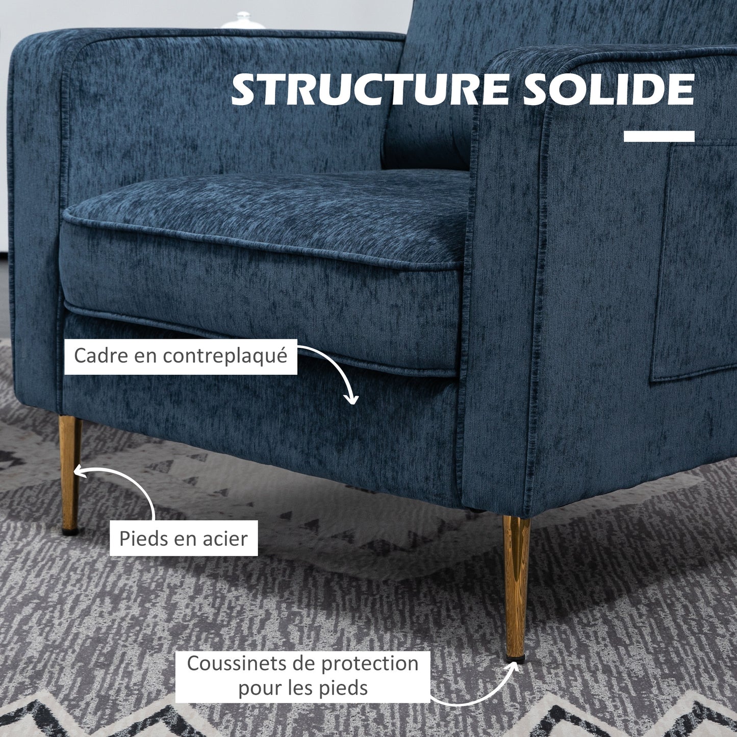 Fauteuil – Relaxstoel – Loungestoel – Zetel – Armstoel – Blauwe Stoffering – Gouden Metalen Poten – Zijzakken – Compact Design