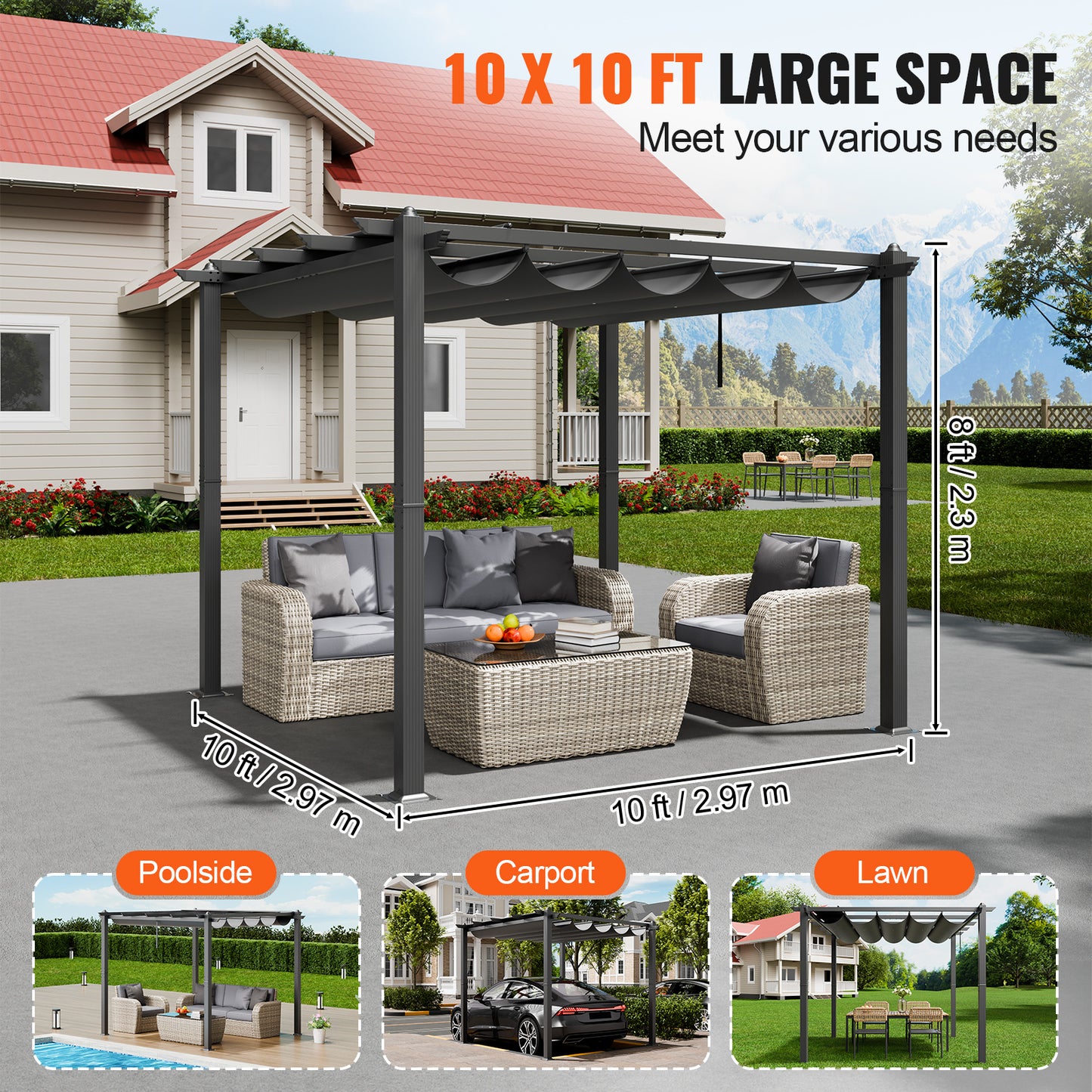 Pergola – Tuinprieel – Terrasoverkapping – Tuinpaviljoen – Zonwering – Uitschuifbaar Dak – Aluminium Frame – 3x3 Meter – UV-Bescherming – Weerbestendig – Grijs