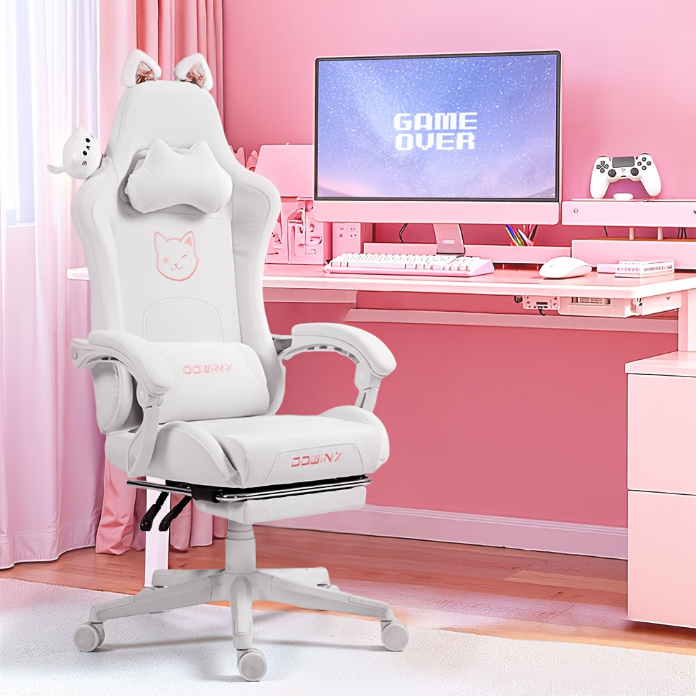 Ergonomic Pink Office Chair with Adjustable Height, Headrest & Lumbar Support - Cute Doll Design, 360° Swivel Base, 5-Point Adjustable Armrests, 5-Point Adjustable Footrest, 5-Point Adjustable Backrest, 5-Point Adjustable Se