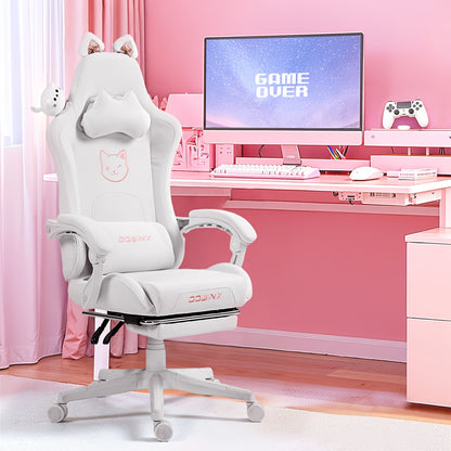 Ergonomic Pink Office Chair with Adjustable Height, Headrest & Lumbar Support - Cute Doll Design, 360° Swivel Base, 5-Point Adjustable Armrests, 5-Point Adjustable Footrest, 5-Point Adjustable Backrest, 5-Point Adjustable Se