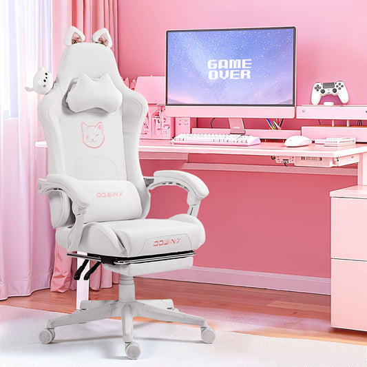 Ergonomic Pink Office Chair with Adjustable Height, Headrest & Lumbar Support - Cute Doll Design, 360° Swivel Base, 5-Point Adjustable Armrests, 5-Point Adjustable Footrest, 5-Point Adjustable Backrest, 5-Point Adjustable Se