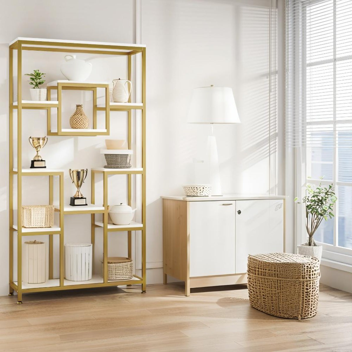 Golden & White 180.34cm Modern Tall Bookshelf - 11-Tier Large Heavy-Duty Bookcase with Geometric Cubed Design, Freestanding Open Shelving Unit, Sturdy Engineered Wood Construction, 68.58cm+ Height & 22.68 KG/Shelf Capacity, S