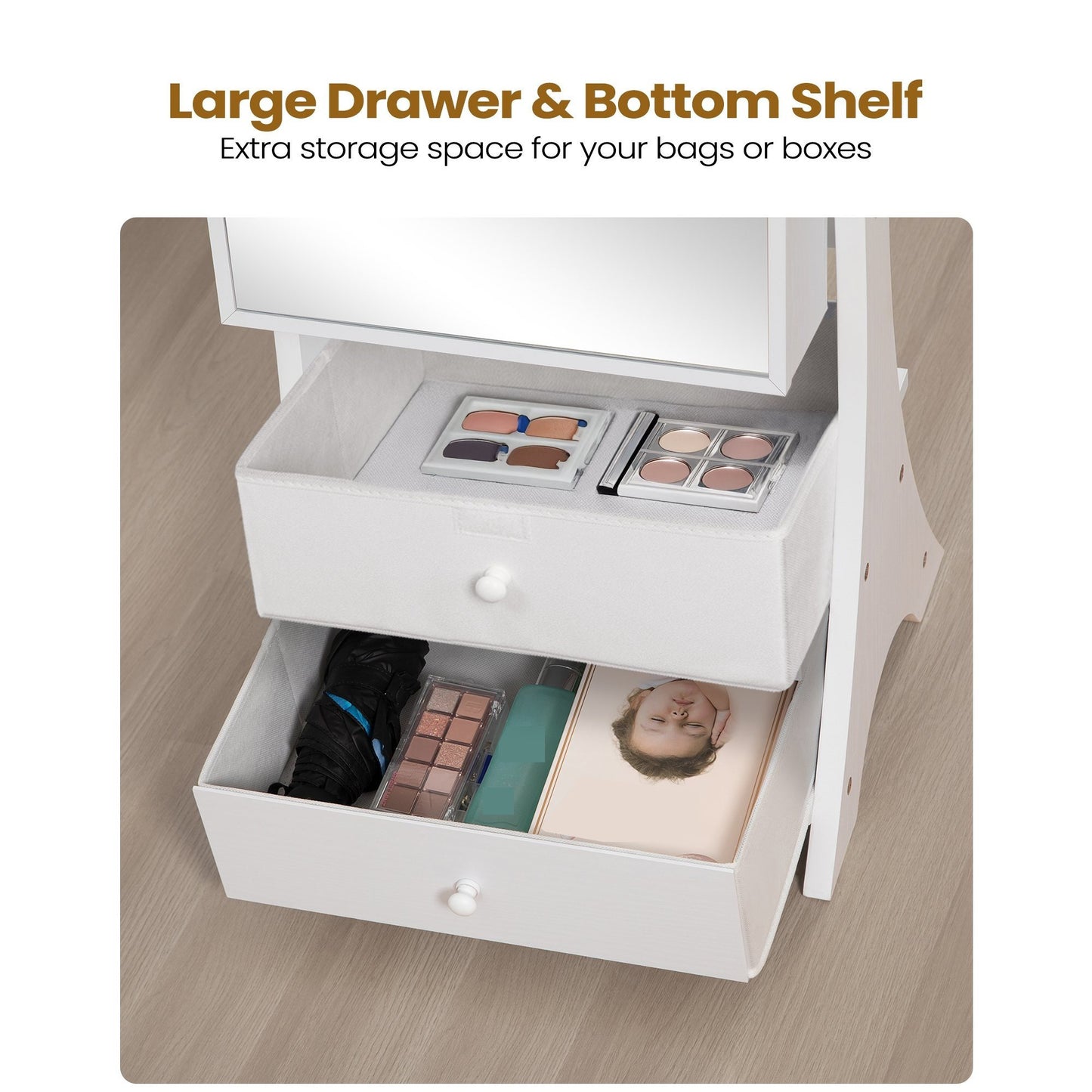 Sieradenkast – Sieradenhouder – Make-upkast – Opbergkast – Spiegelkast – Vrijstaand Ontwerp – Grote Frameloze Spiegel – MDF met Zwarte Velvet Bekleding – Met Lade en 90 Vakjes