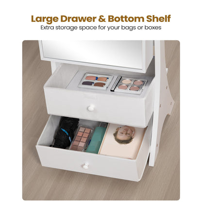 Sieradenkast – Sieradenhouder – Make-upkast – Opbergkast – Spiegelkast – Vrijstaand Ontwerp – Grote Frameloze Spiegel – MDF met Zwarte Velvet Bekleding – Met Lade en 90 Vakjes