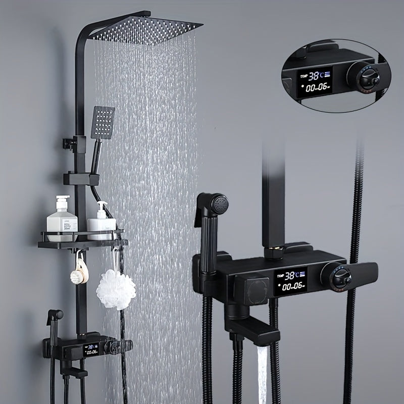 Regendouche Systeem – Regendouchekraan – Douchepaneel – Badkamerkraan – Thermostaatkraan – Mat Zwart Koper – Thermostatisch Digitaal Display – Geïntegreerde Bidetfunctie