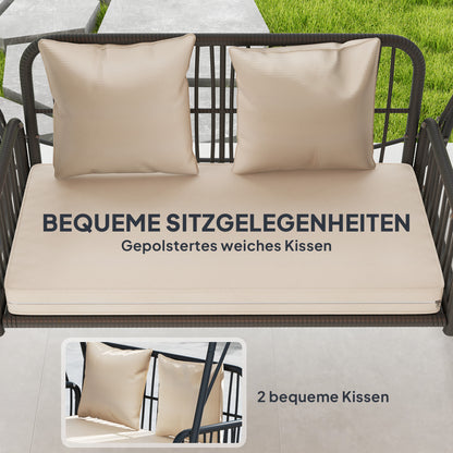 Tuinbank – Buitenbank – Loungebank – Tuinmeubel – Schommelbank – 2-Zits Rattan Hollywood Schommel – Inklapbaar Zonnescherm – Comfortabel Met Kussen – Draagvermogen 240 kg – 149x121x180 cm – Khaki