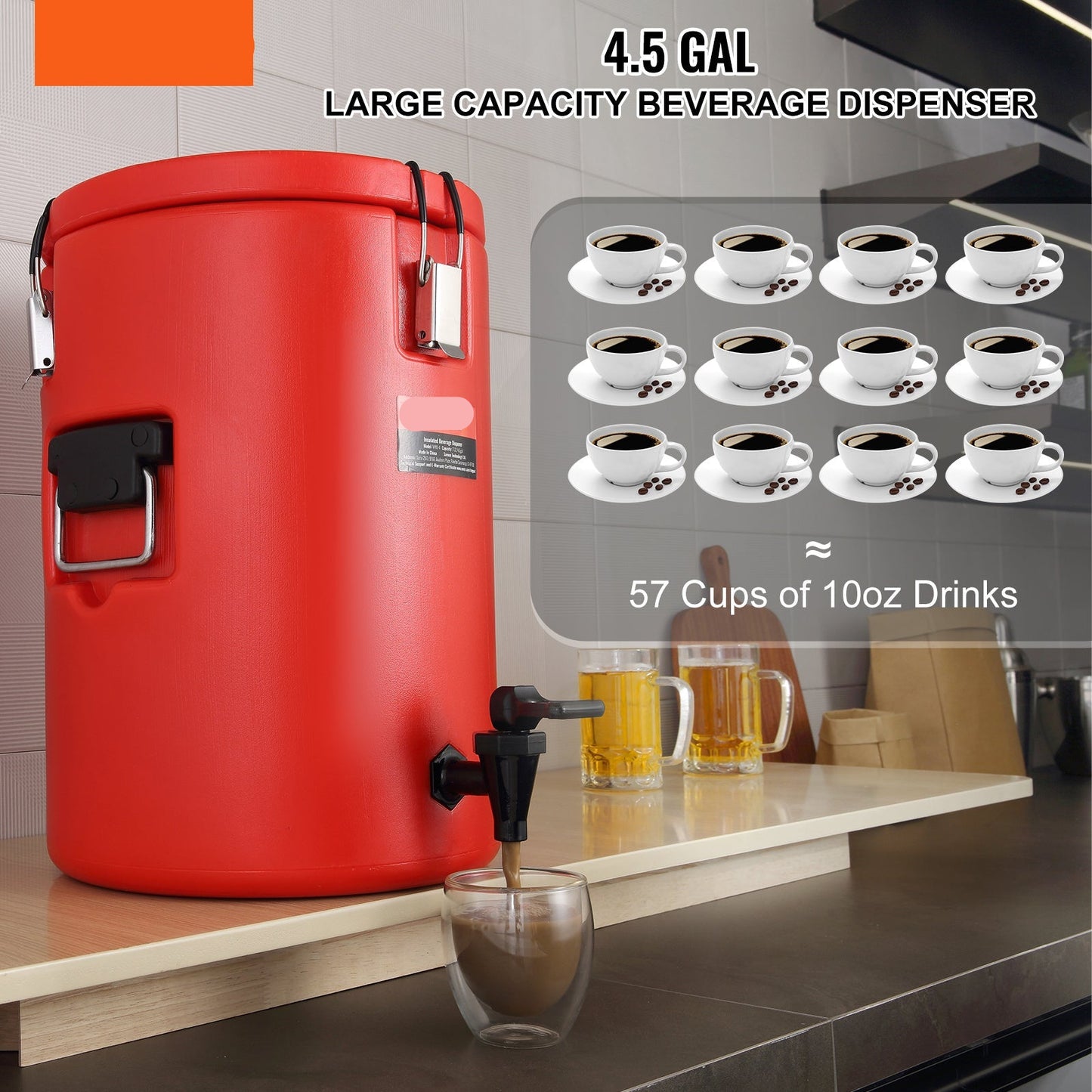 Grote Drankendispenser – Isolerende Dispenser – Thermoskan – Koffiedispenser – 17,2 Liter – Roestvrij Staal – 10 Uur Warmtebehoud - QUORE