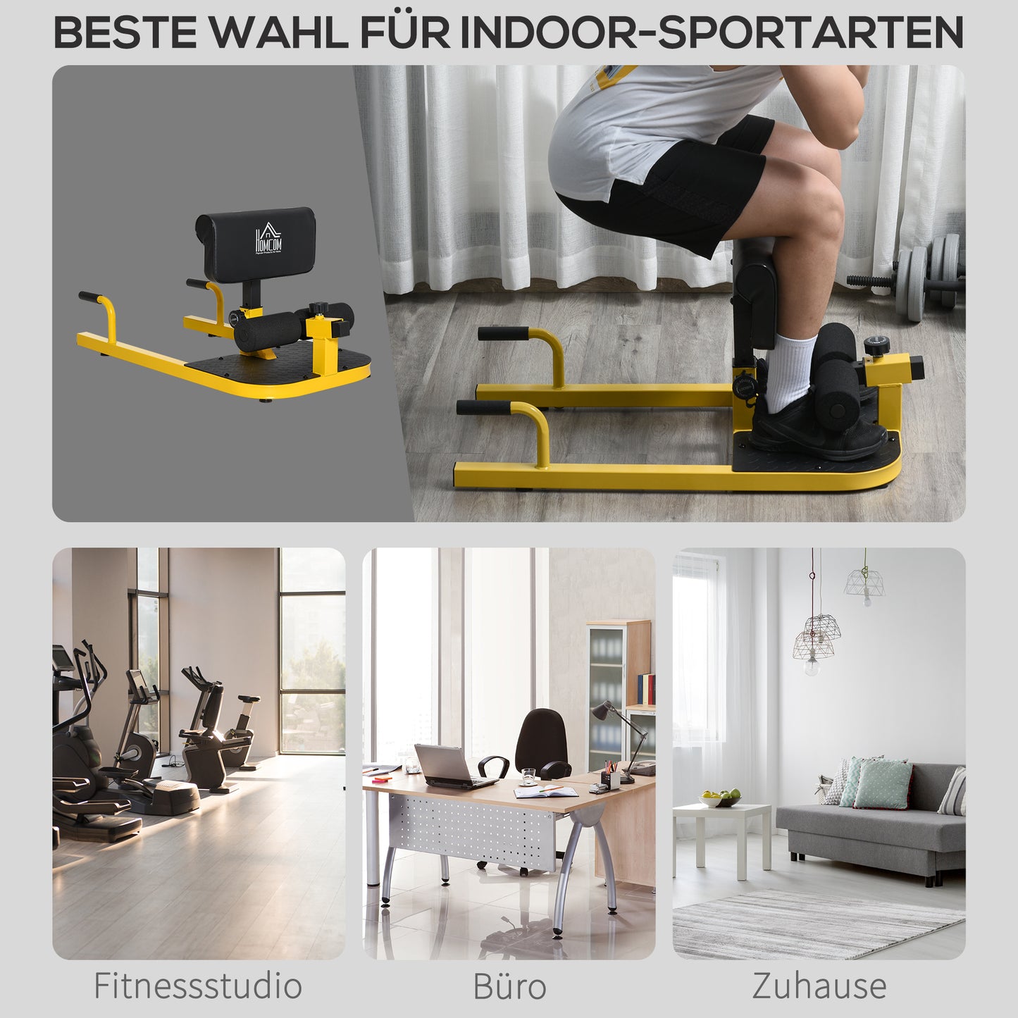 Sissy Squat Trainer – Knie Trainer – Benen Trainer – Buikspiertrainer – Billen Trainer – 3-in-1 Verstelbare Trainer – Stalen Frame Tot 120 Kg – Geel/Zwart 50x97x44,5-56,5 Cm