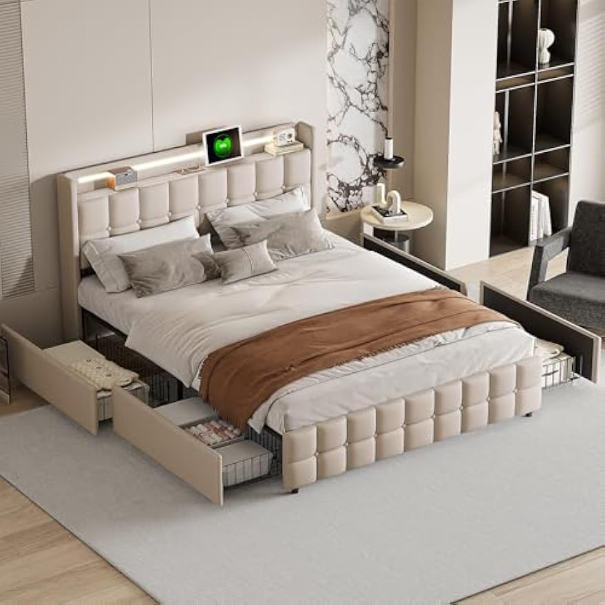 Bedframe – Gestoffeerd Bed – Tweepersoonsbed – Platformbed – Opbergbed – 160x200 cm – Linnen Bekleding – USB Oplaadstation – Verstelbare LED Verlichting