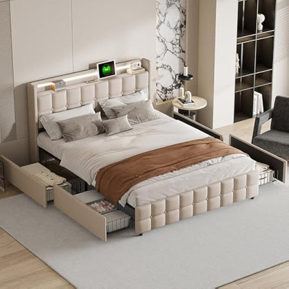 Bedframe – Gestoffeerd Bed – Tweepersoonsbed – Platformbed – Opbergbed – 160x200 cm – Linnen Bekleding – USB Oplaadstation – Verstelbare LED Verlichting