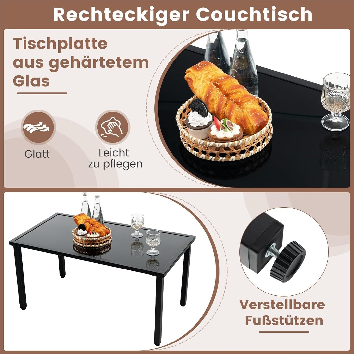 Polyrattan Tuinmeubelset – Tuinset – Loungeset – Balkonset – Terrasmeubelen – 4-Delig Met 2 Stoelen, Bank & Tafel – Weerbestendig Metaalframe – Gehard Glas Blad – Bruin