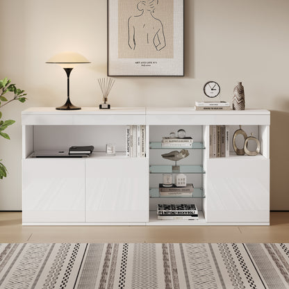 Modern Minimalist Handle-Look-Free Cabinet Suitable for Small Spaces - 3-Door Glass Shelf Storage Unit, Metal Frame Contemporary Sideboard for Living Room, Dining Room, Sofa - Assembly, Wood-Free (Some Assembly Required)