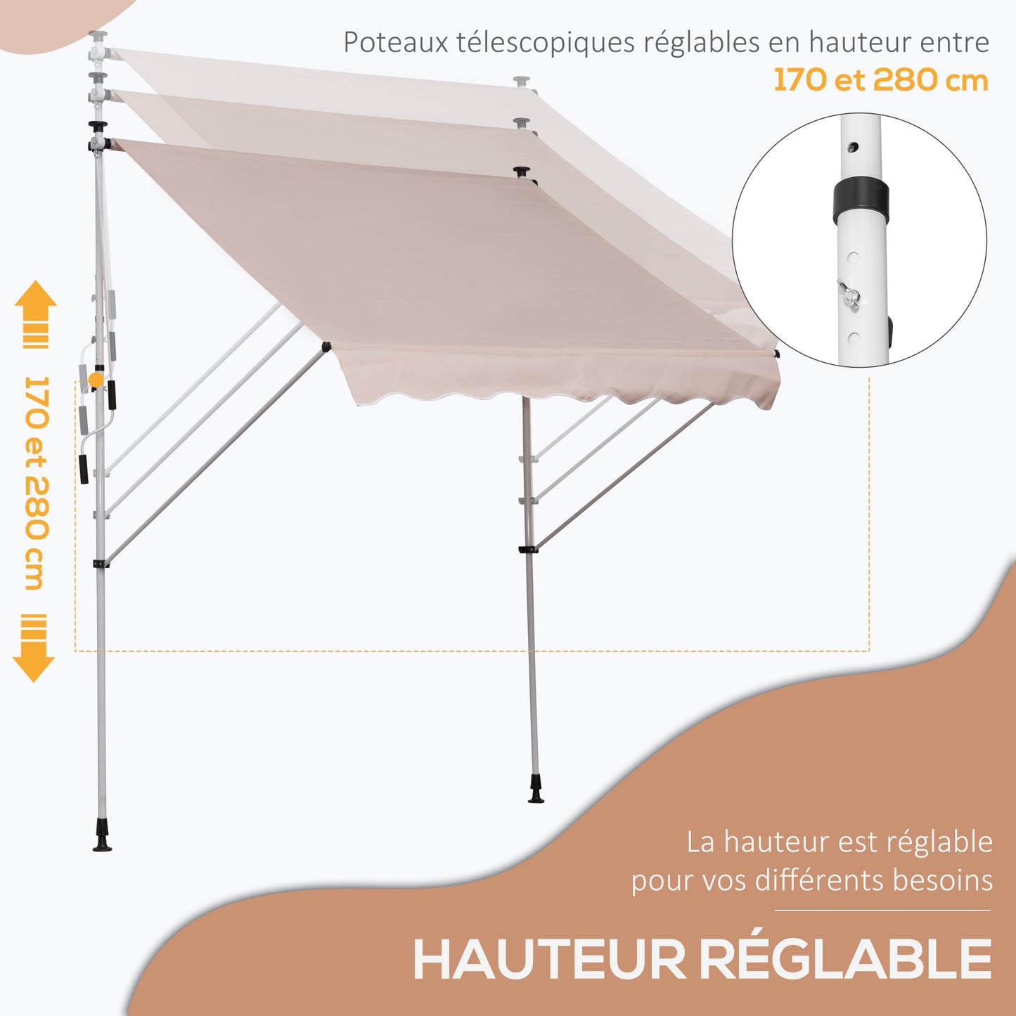 Balkonluifel – Zonnescherm – Klemluifel – Zonwering – Uittrekbare Luifel – Verstelbare Hoogte – UV-Bestendig Polyester – Aluminium Frame – Beige